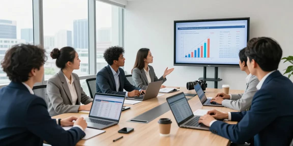 Group discussing buscador hipotecas options in a modern office.