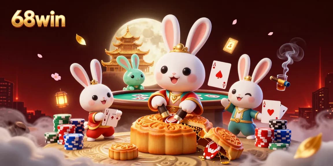 Experience the excitement of 68win with the lunar-themed gambling scene showcasing poker elements and mythical characters.