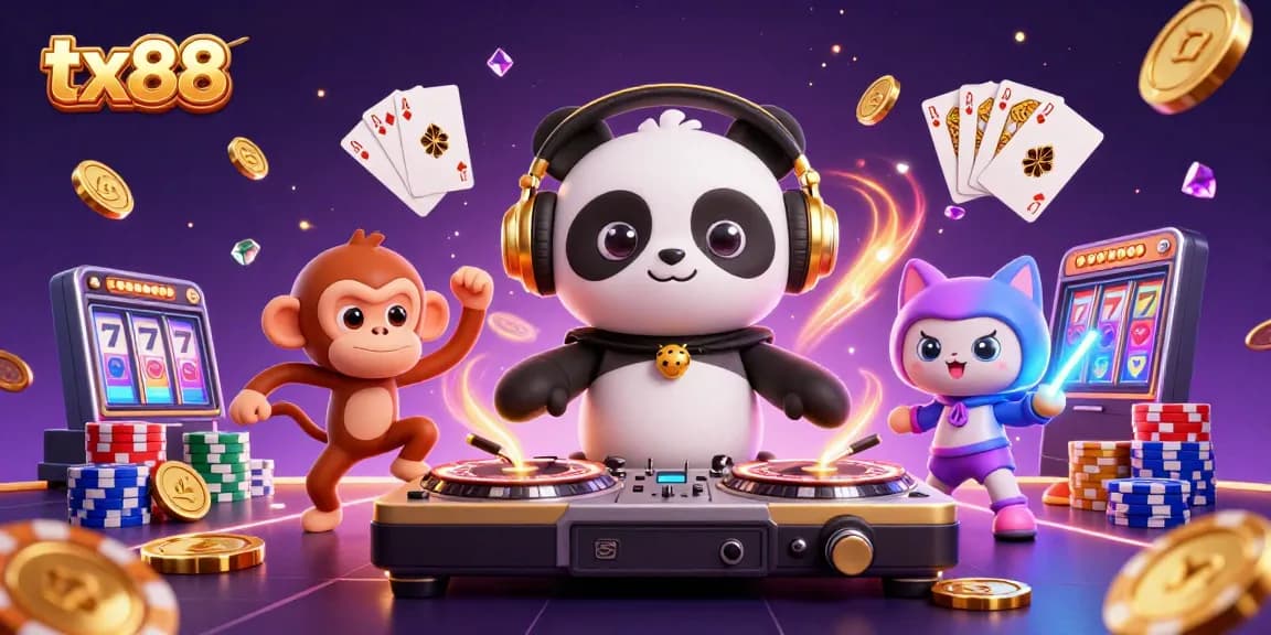 Experience thrilling gaming moments with tx88 as DJ panda spins and fun characters dance!