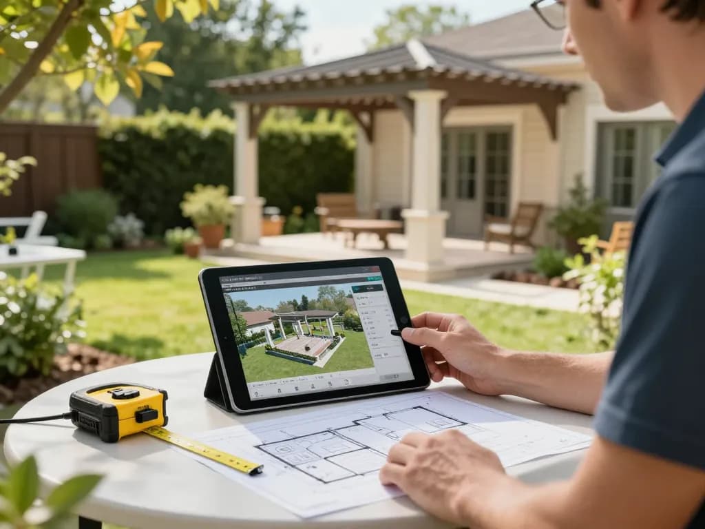 Instalador usando software para instaladores de verandas en un jardín, diseñando estructuras personalizadas de manera interactiva.