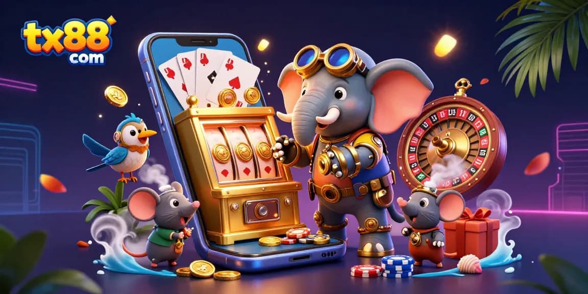 Experience thrilling moments at tx88 com with a steampunk elephant and colorful slot games.