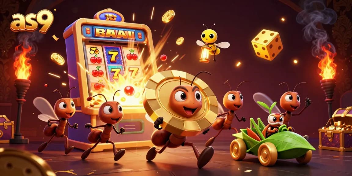 Experience thrilling action with as9's cartoon heist featuring ants, a firefly, and a grasshopper on a luxury backdrop.