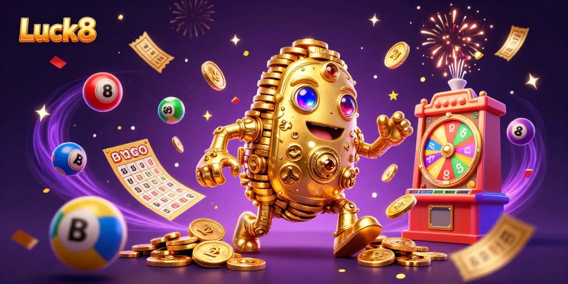Experience exciting gaming with Luck8, showcasing a golden golem and vibrant lottery elements.