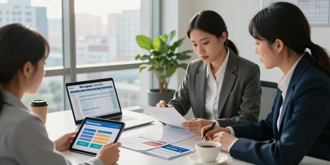 Mortgage calculator in action with a financial advisor helping clients explore options using a buscador hipotecas.