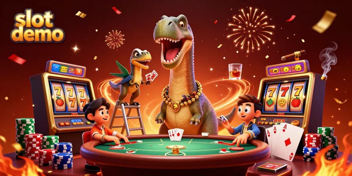 Slot demo menampilkan brontosaurus raksasa di kasino dengan tumpukan chip poker berwarna-warni.