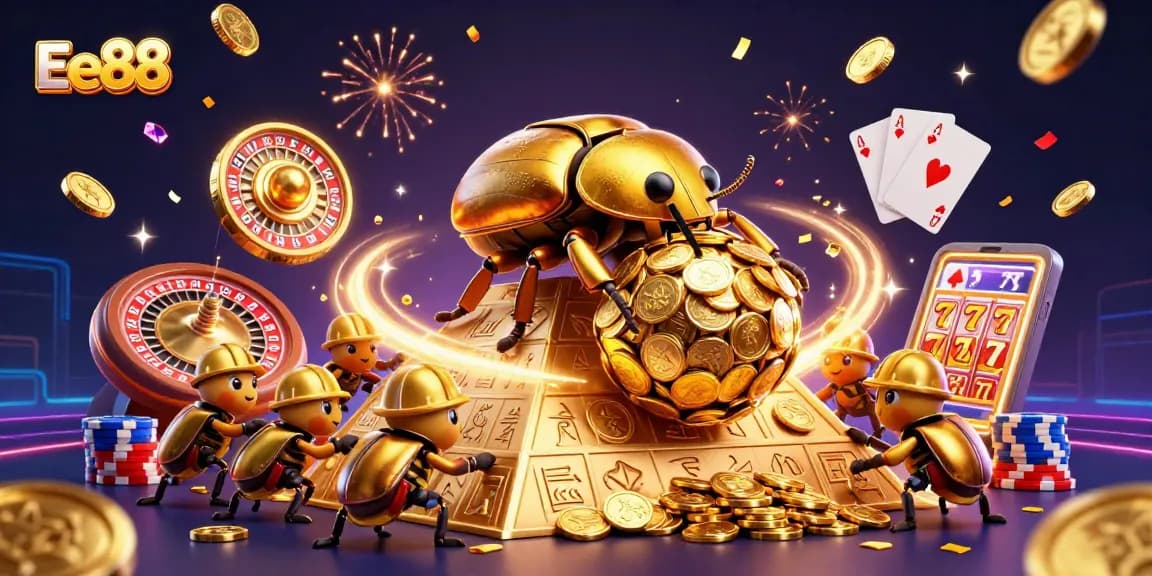 Experience the excitement of Ee88 with a vibrant scene of a golden dung beetle and casino symbols.