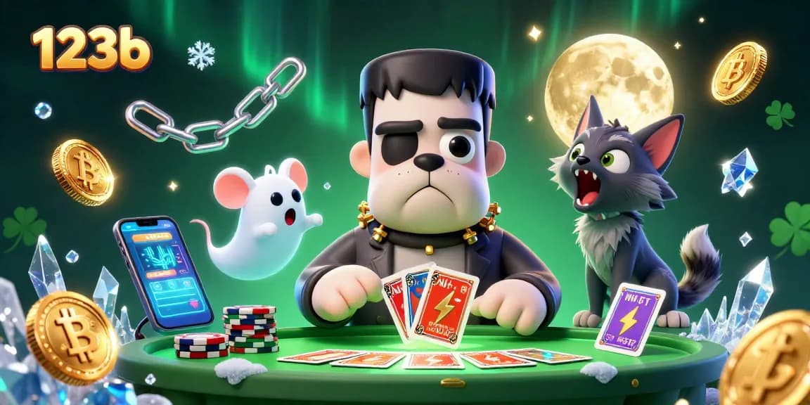 Engage with 123b as the Frankenstein bulldog dealer shuffles cards amidst crypto coins and spooky elements.