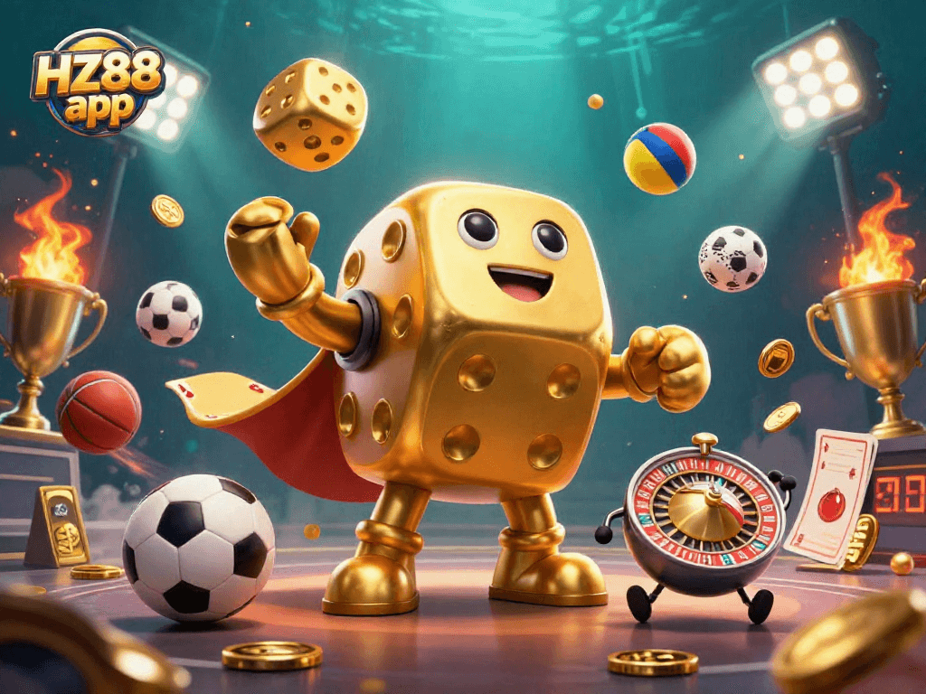Engage with the HZ88 app in this vibrant 3D cartoon casino illustration full of dynamic gambling elements.