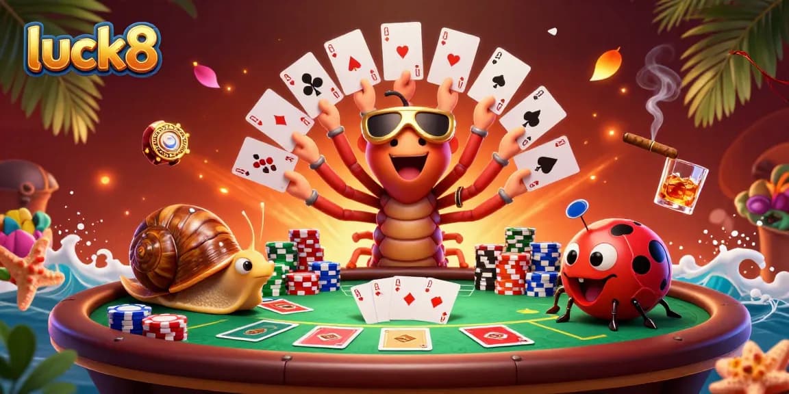 Play exciting poker with luck8's colorful poker chips and animated characters in a lively casino scene.