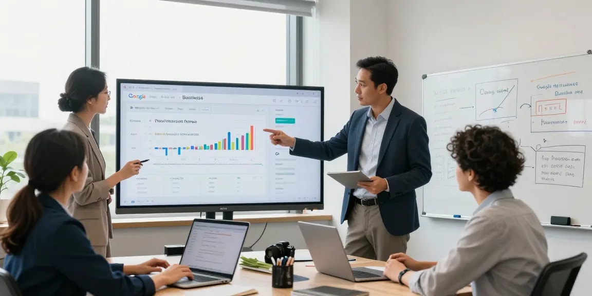 Equipo de la agencia de google my business analizando datos estratégicos en un ambiente profesional.