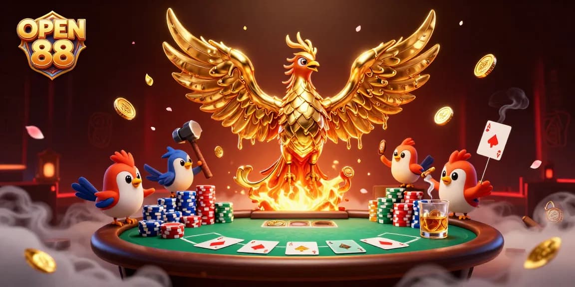 Engage with OPEN 88 through this vibrant 3D illustration showcasing golden elements and poker action.