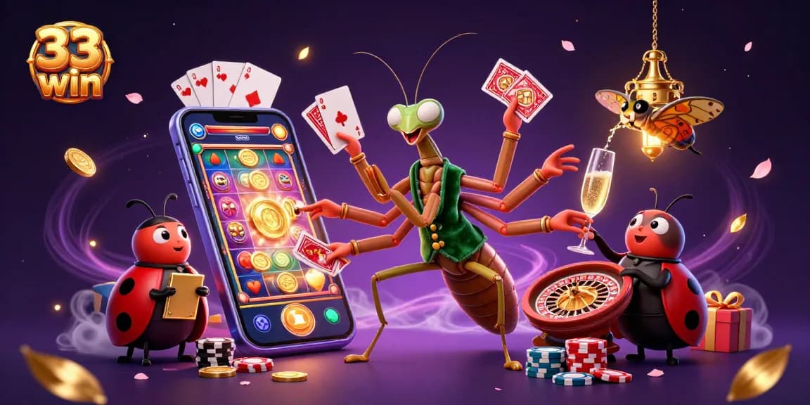 Engage with the vibrant world of 33 win as a praying mantis and ladybug in a casino scene, featuring lively gaming elements.