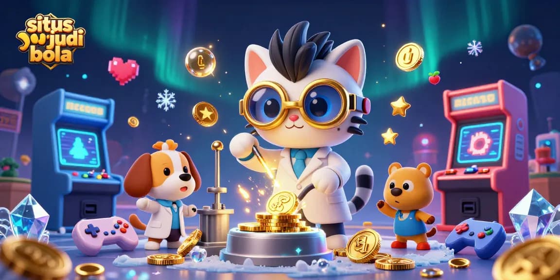 Menghasilkan peluang jackpot situs judi bola dengan ilustrasi karakter kucing ilmuwan gila dan anjing asisten, memancarkan keberuntungan di kasino.