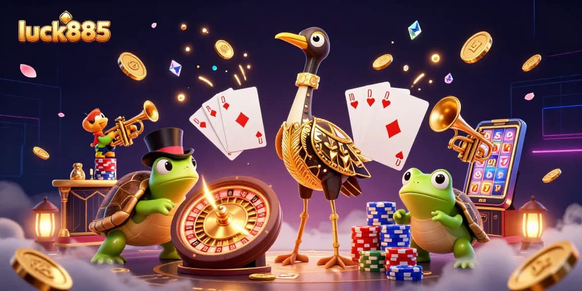 Experience thrilling wins at luck885 with a vibrant casino scene filled with exciting games and characters.