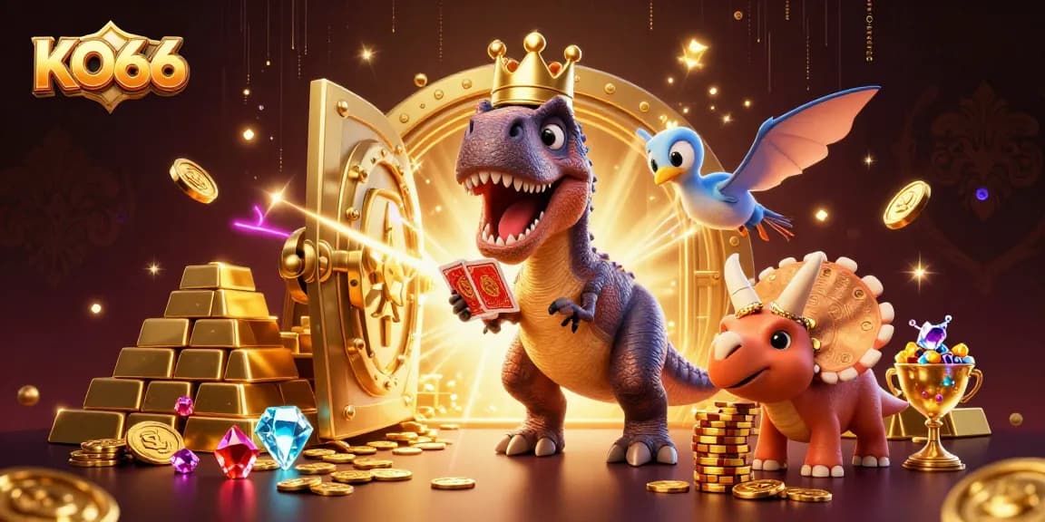 Join the excitement at KO66 with a T-Rex shuffling cards and winning stacks of chips!