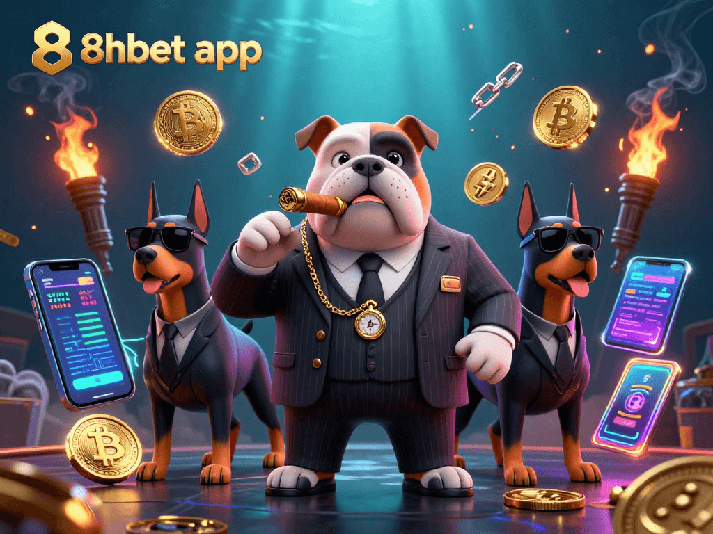 Bet on the 8xbet app with a dynamic illustration of a mafia bulldog and Doberman bodyguards in a casino scene.