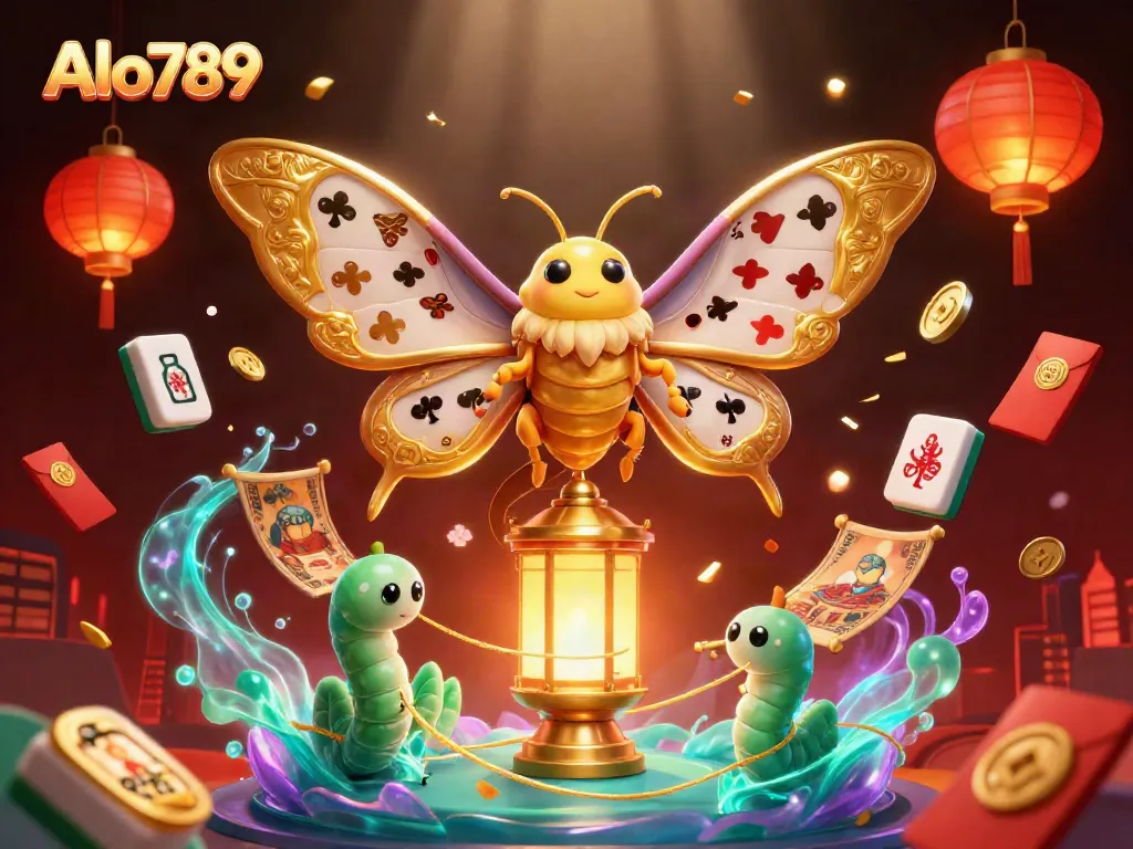 Alo789 offers a dynamic scene with a golden atlas moth, highlighting vibrant casino elements for exciting gambling adventures.