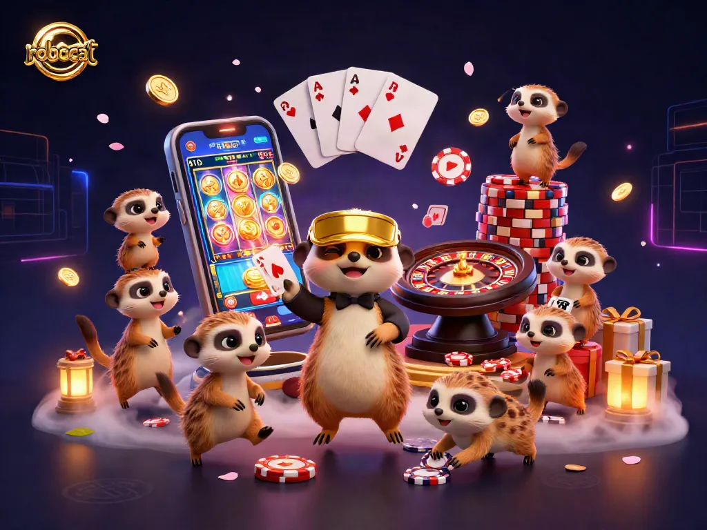 Robocat meerkats managing a vibrant casino scene with slots and cards, showcasing lively gambling action.