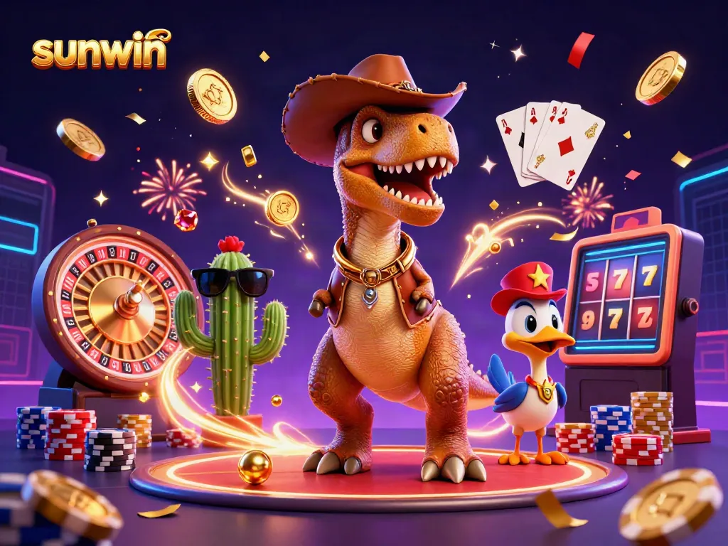sunwin characters celebrate with casino games, gold coins, and vibrant colors in a lively scene.