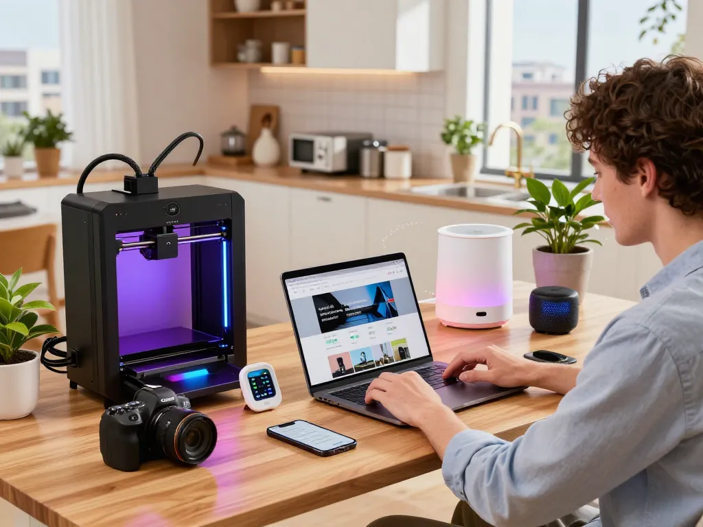 Person engaged with unique tech gadgets in a modern office setting, showcasing vibrant lifestyle and creativity.