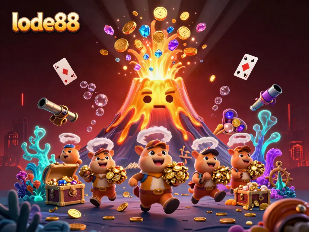 Experience thrilling treasures with lode88, showcasing a dynamic golden volcano bursting with coins and gems.