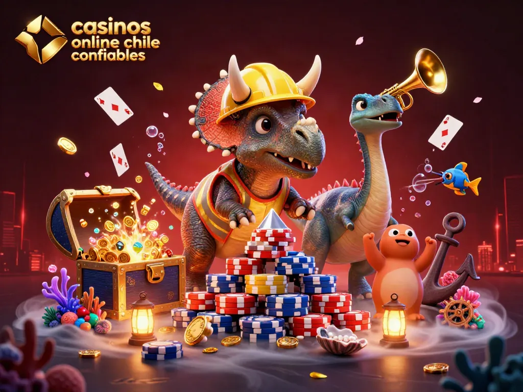 Divertidos juegos en casinos online chile confiables con triceratops construyendo fichas de póker.