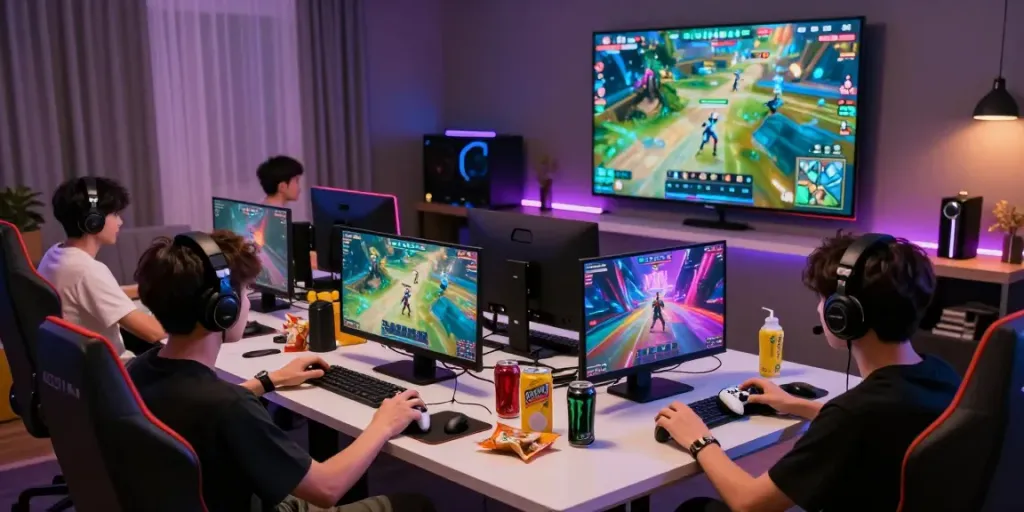 Players immersed in digital games on rokok88 link platform, showcasing vibrant gaming atmosphere.