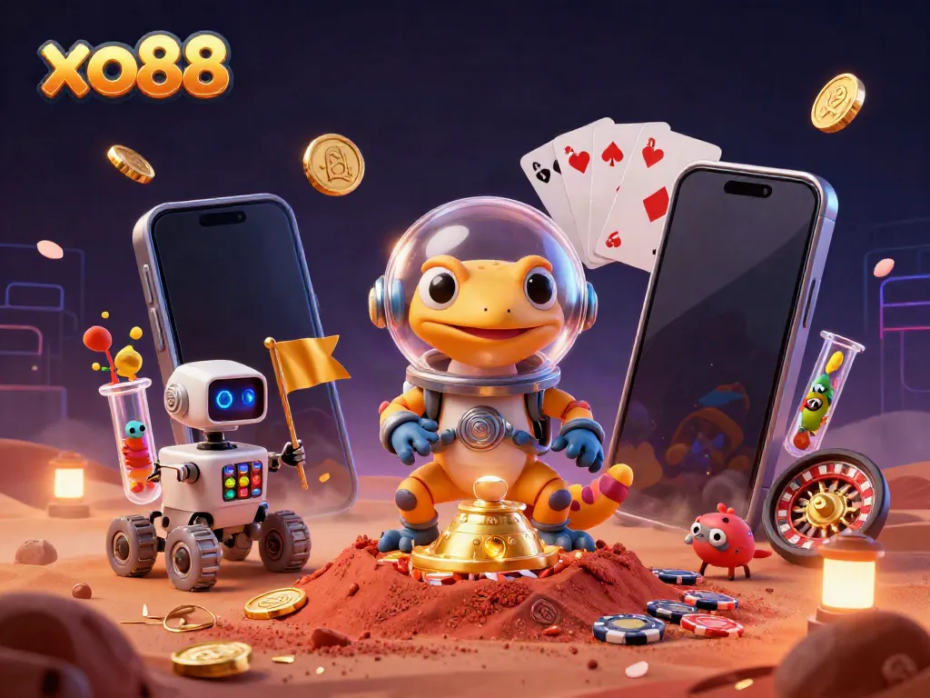 Experience the thrill of winning at xo88 with a Martian gecko discovering a hidden casino in a vibrant space scene.