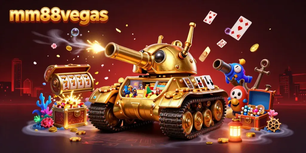 Experience the thrill of mm88vegas with a dynamic casino-themed illustration featuring a golden beetle tank, spinning slot reels, and a vibrant underwater scene.