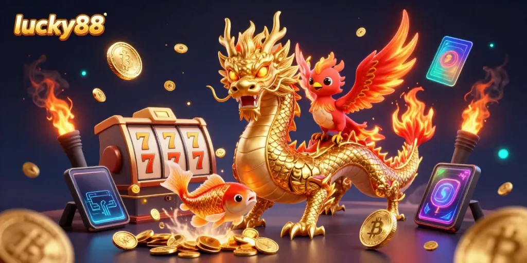 Join the thrilling action at lucky88 with a vibrant illustration of a golden dragon, phoenix, and koi fish amidst casino elements.