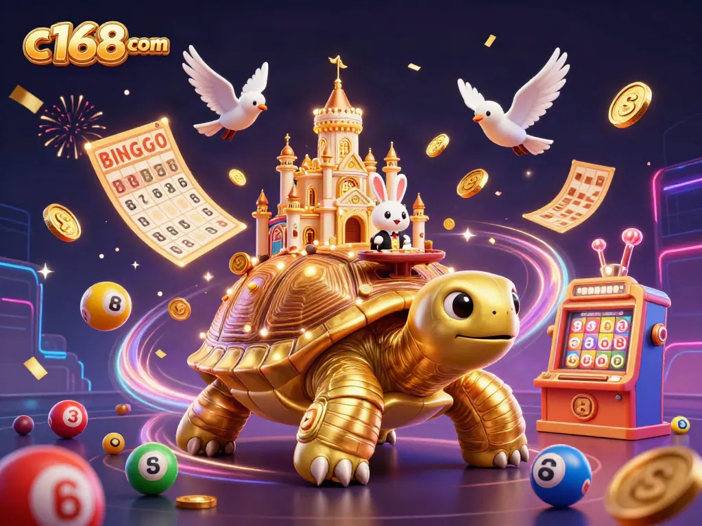 Join the excitement with c168 com's 3D casino world featuring a vibrant golden tortoise and thrilling game elements!