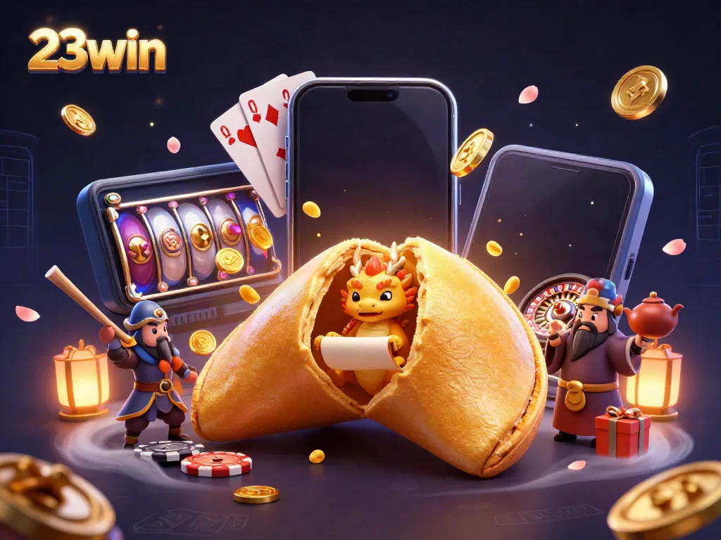 Experience thrilling jackpots with 23win's dynamic games featuring a golden fortune cookie and vibrant gaming elements.