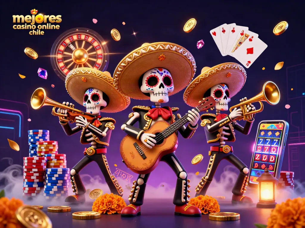 Mejores casinos online en Chile: escena vibrante de un trío de mariachis en un casino con símbolos de juego.