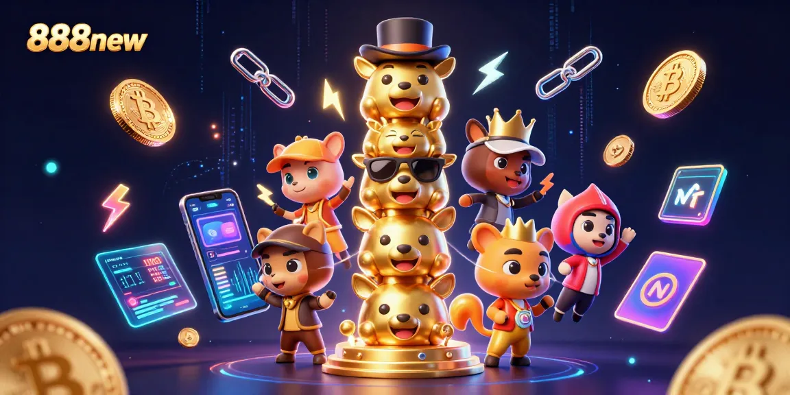 Engage with the dynamic universe of 888new featuring colorful casino icons and crypto elements.