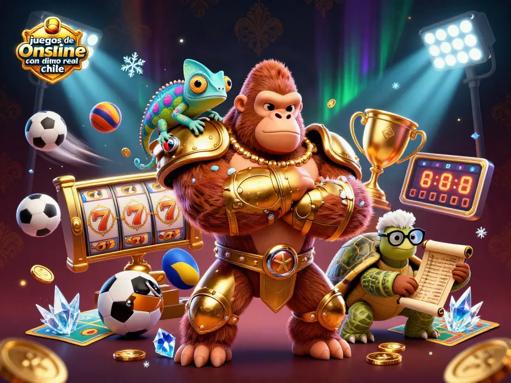 juegos de casino online con dinero real chile, ilustración de un gorila rey en armadura dorada y tortuga sabia con elementos de casino.