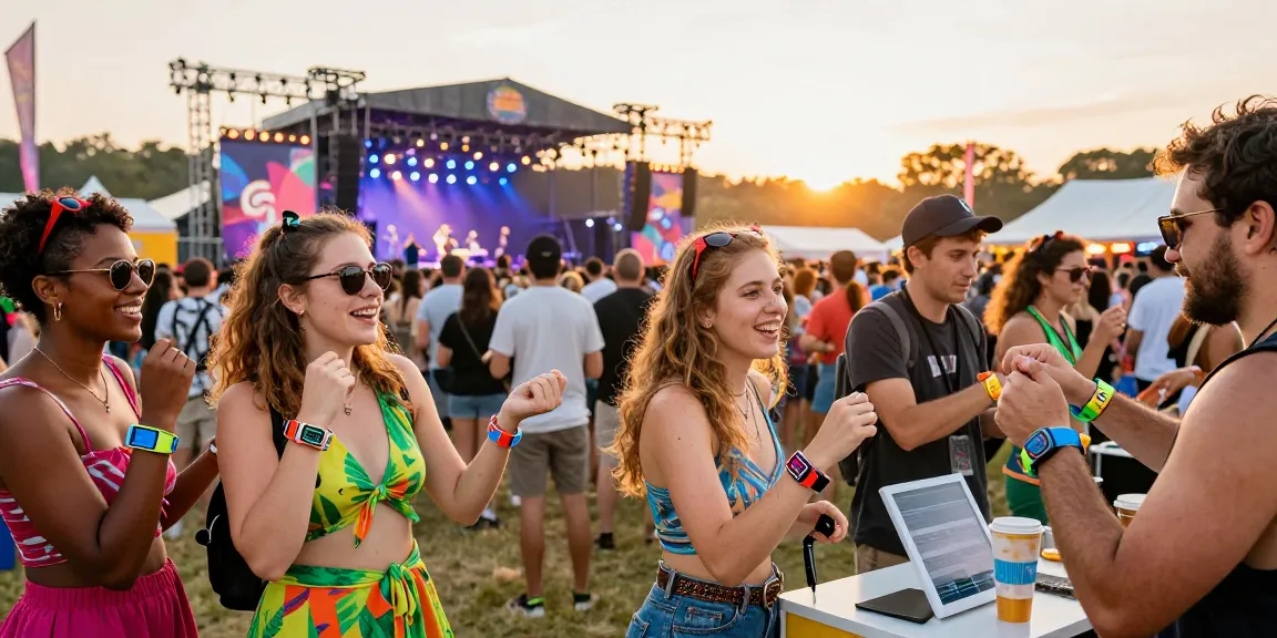 Attendees with pulseras electrónicas para eventos at a vibrant outdoor festival