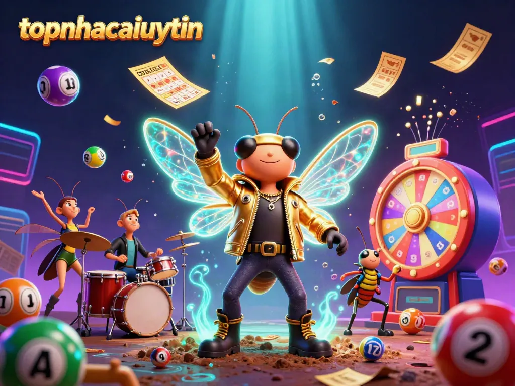 Experience fun with topnhacaiuytin as a cicada rock star performs amidst vibrant lottery elements and animated characters.