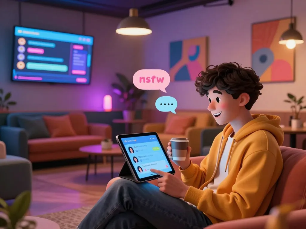 Engaging digital lounge scene showcasing interactive nsfw chat experience with vibrant decor and character using tablet.