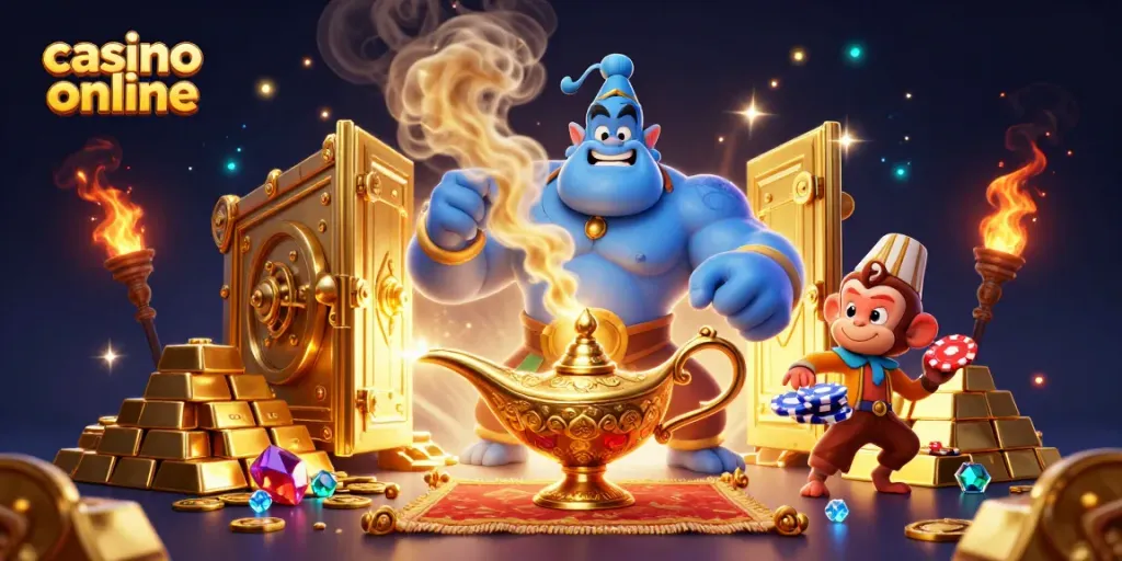 Juega en un casino online con divertidas tragamonedas y genios mágicos en un entorno vibrante.