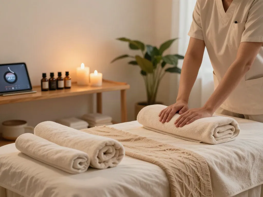 Relaxing home spa environment showcasing 신림동출장안마 services with soothing ambiance and essential oils.