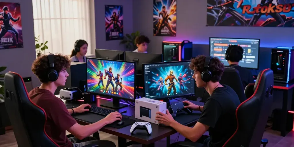 Exciting e-commerce scene featuring gamers exploring rokok88 alternatif gaming products in a vibrant marketplace setting.