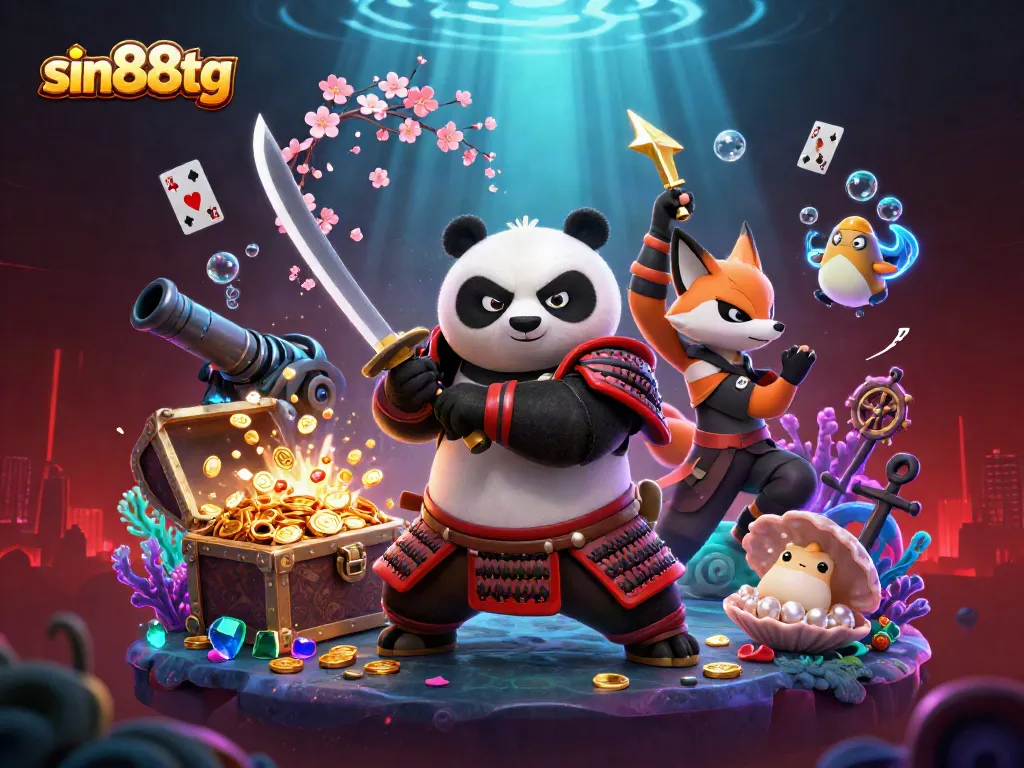 Experience gaming at sin88tg with action-packed samurai panda, ninja fox, and magical tanuki illustrating casino adventure.