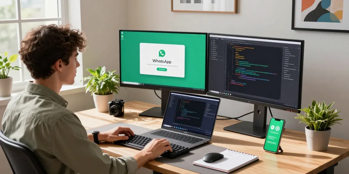 WhatsApp電腦版 workspace with dual monitors and productivity tools in a bright office environment.