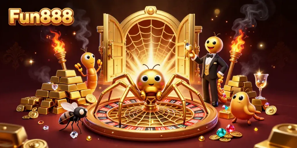 Experience thrilling spins and bets at Fun888's roulette web crafted by a golden spider and centipede dealer.