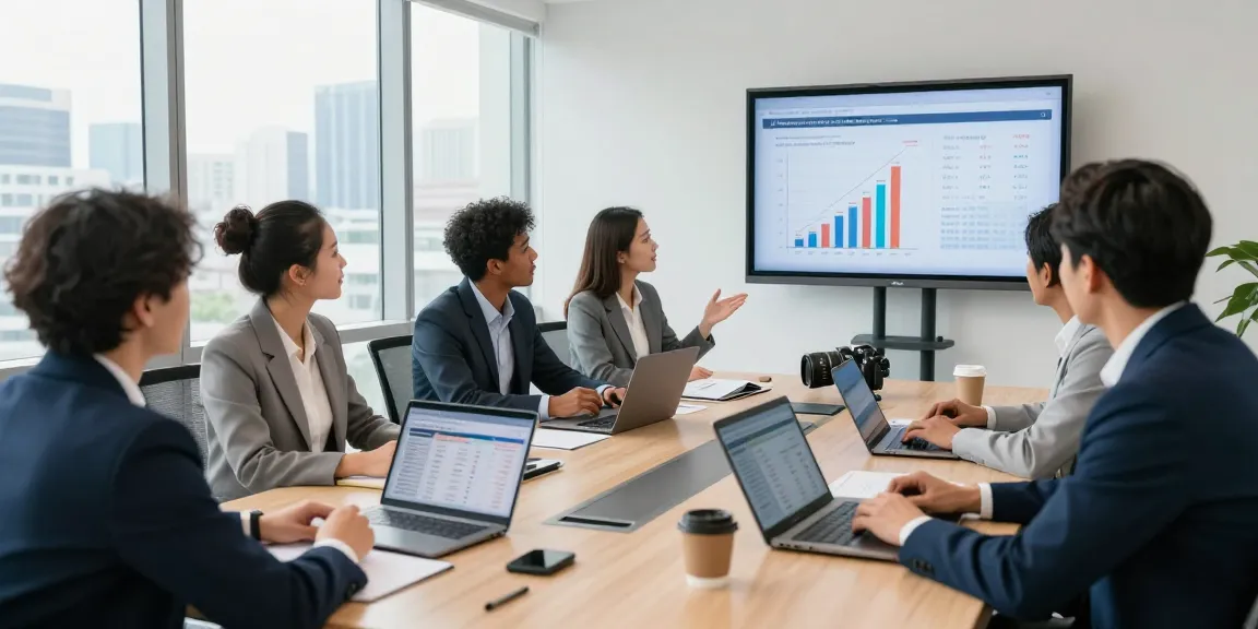Group discussing buscador hipotecas options in a modern office.