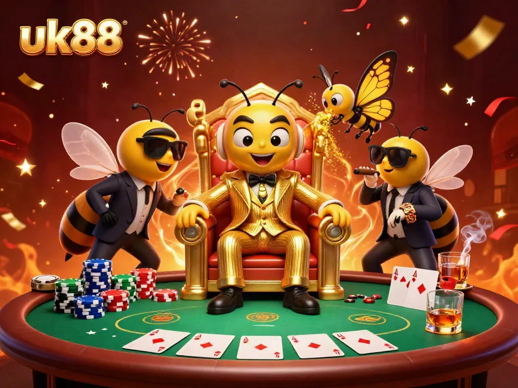 Experience the excitement of uk88 with a vibrant 3D casino scene featuring characters and poker elements.