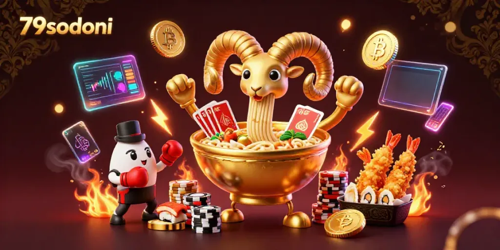 Engage with 79sodoni's vibrant gambling universe featuring a golden ramen bowl dealer.