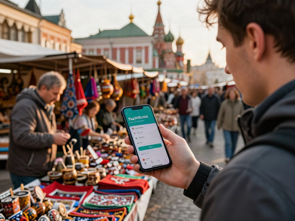 Usando la app https://payinrussia.com/ en un mercado ruso, viajero explorando productos locales.