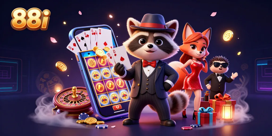 Experience gaming excitement at 88i with a raccoon, fox, and hedgehog in a vibrant casino scene.