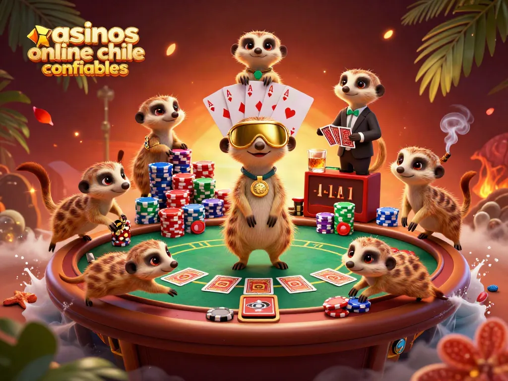 Descubre los casinos online chilenos confiables con esta dinámica escena de suricatos jugando y apostando.